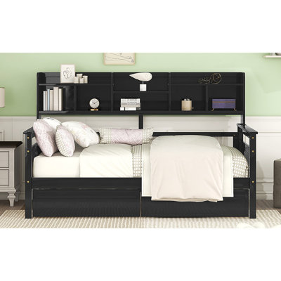 Daybed, Wood Slat Support, With Bedside Shelves And Two Drawers