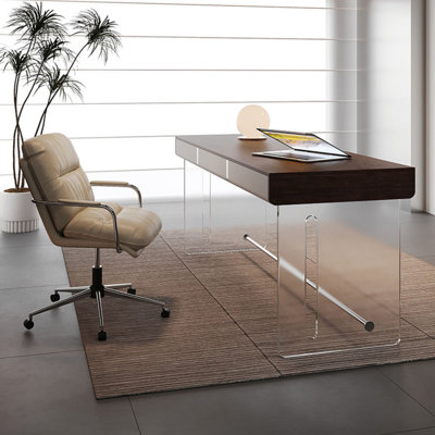 Nut-brown + Khaki + Silver Rectangular Manufactured Wood + Stainless Steel + Acrylic with 3 drawers desk