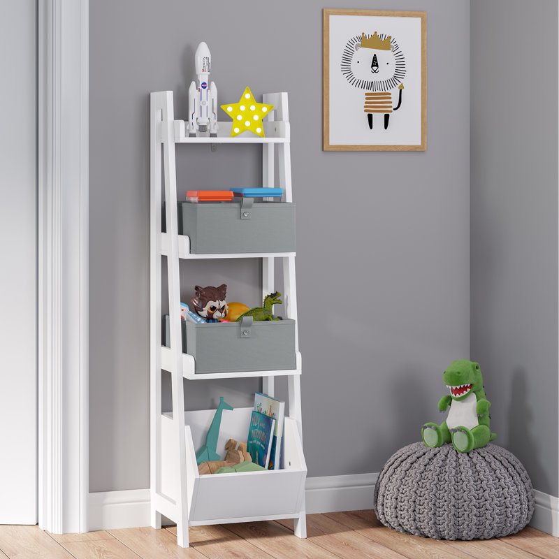 RiverRidge Kids 4-Tier 13in Ladder Shelf Toy Organizer and Book Storage with 3 Open Display Shelf - White with 2 Half Size Fabric Bins