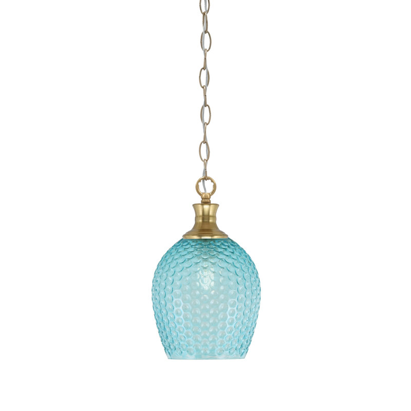 Luminaire suspendu Quapaw Zola avec verre texturé turquoise 7,5 po, Laiton New Age