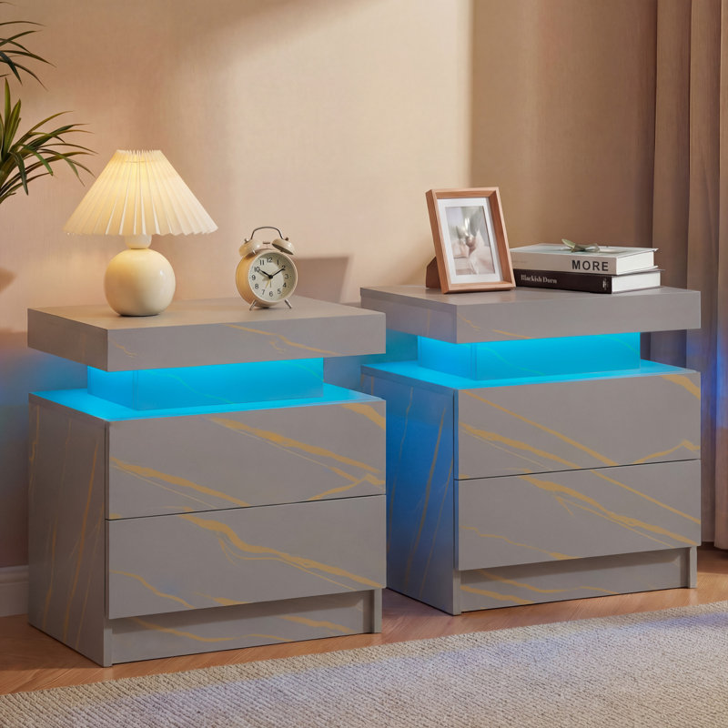 LED Nightstand with Drawers, Gray Marble
