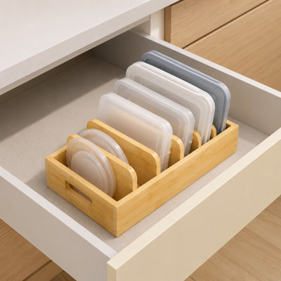 Bamboo Food Storage Lid Organizer, Adjustable Kitchen Cabinet Pantry Lid Holder with 5 Removable Dividers, Container Lid Storage Solution for Kitchen Organization