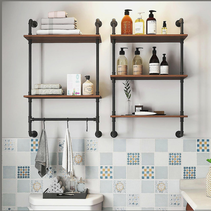 Industrial Pipe Shelf 3 Tier and 2 Tier Wall Mounted Shelves  36in Wood Display Shelves, and 3 additional hooks,Farmhouse Kitchen Bar Shelf, DIY Bookshelf Unit Hanging Wall Shelves for Bedroom...