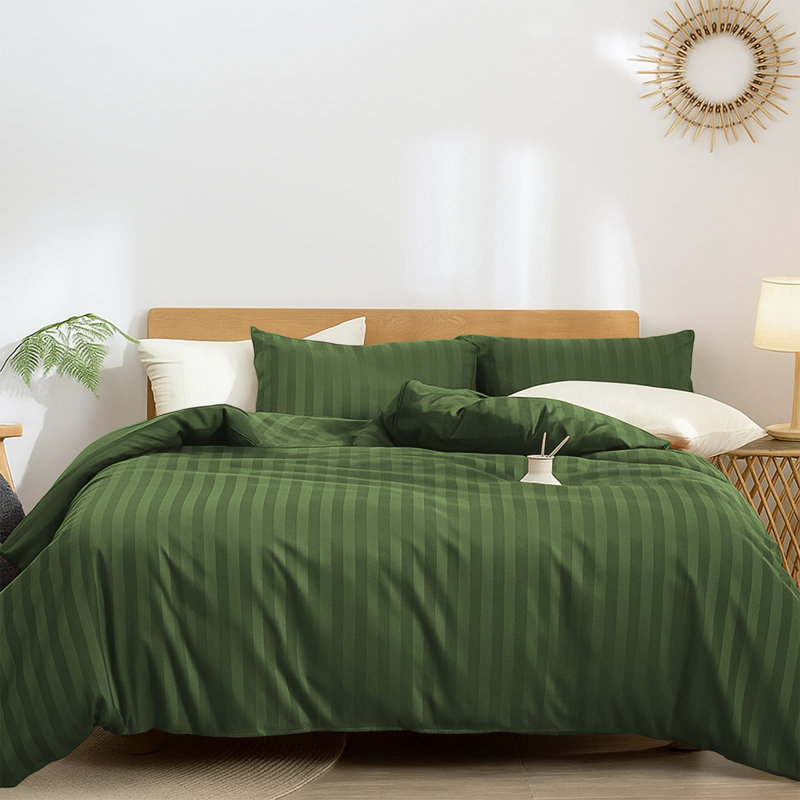 Microfiber Striped Duvet Cover Set with Matching Pillowcases & Fitted Sheet, Olive Green Striped
