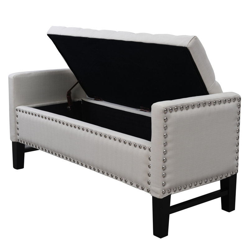 Banc rembourré en velours de 50 po gris clair et noir avec plateau rabattable, Crème