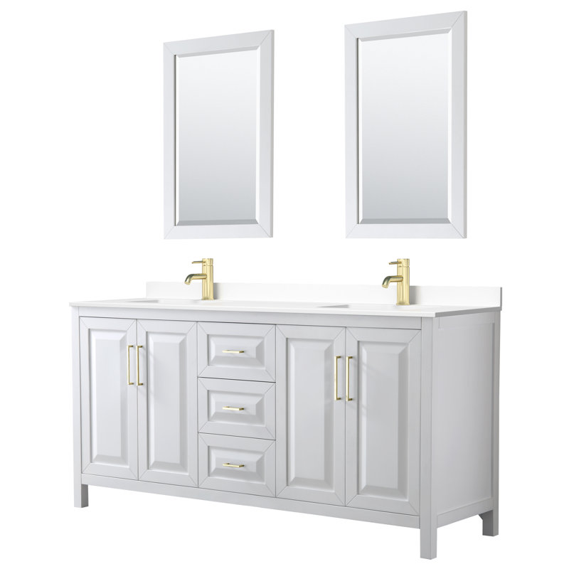 Daria 72'' Double Bathroom Vanity with Carrara Marble Top with Mirror, White Cultured Marble, Brushed Gold, White