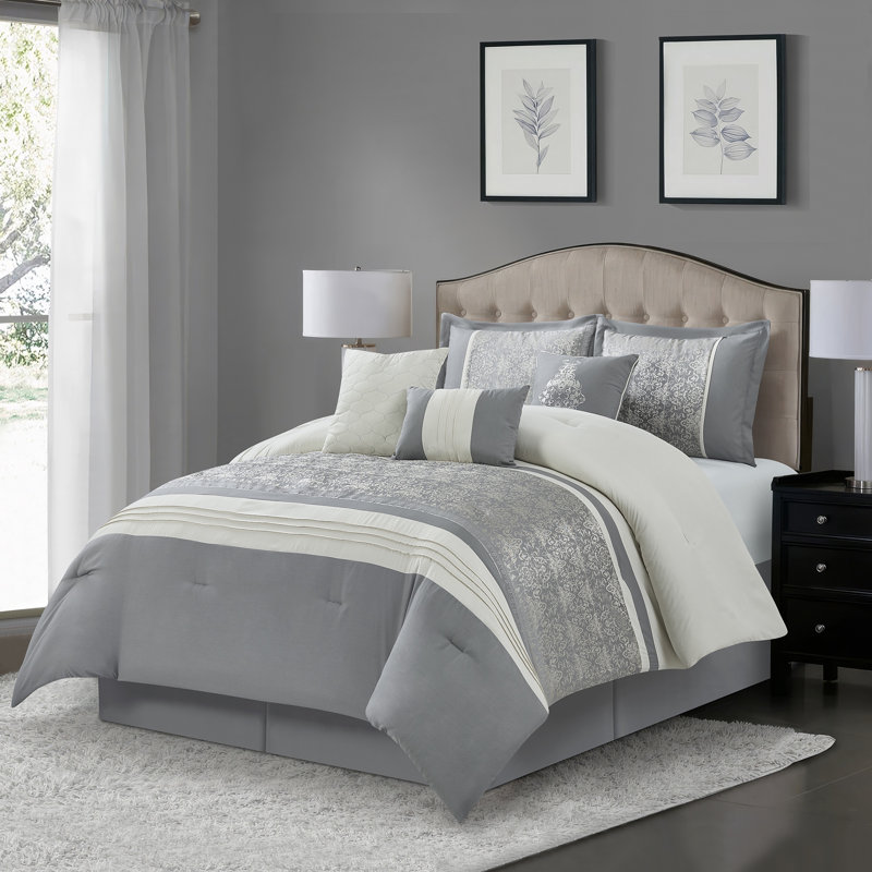 Ensemble d'édredon en microfibre 7 pièces Charley, Édredon de grande taille et 6 pièces supplément, Gris