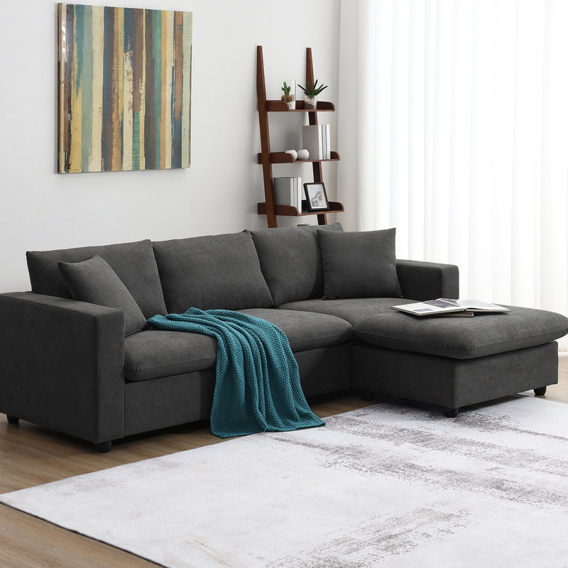 En forme de L contemporain avec canapé réglable en tissu à 4 places pour différents espaces, fabrication en fer, sièges confortables, capacité de 300 lb, salon modulaire gris moderne Dawn, appartement,