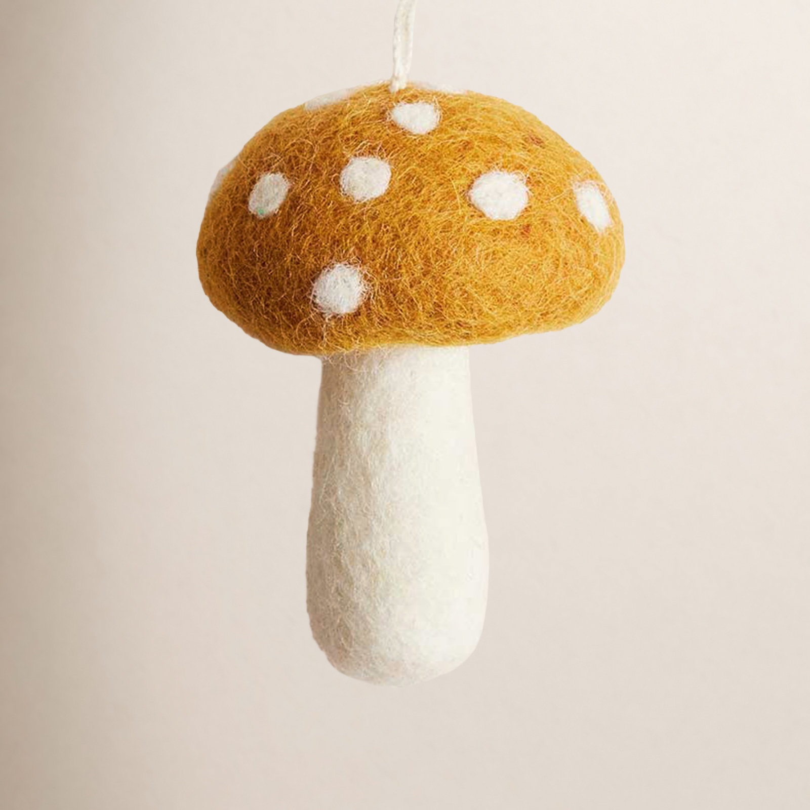 Felted Mushroom Ornament, 3.5" H x 2.5" W x 2.5" D, Ochre