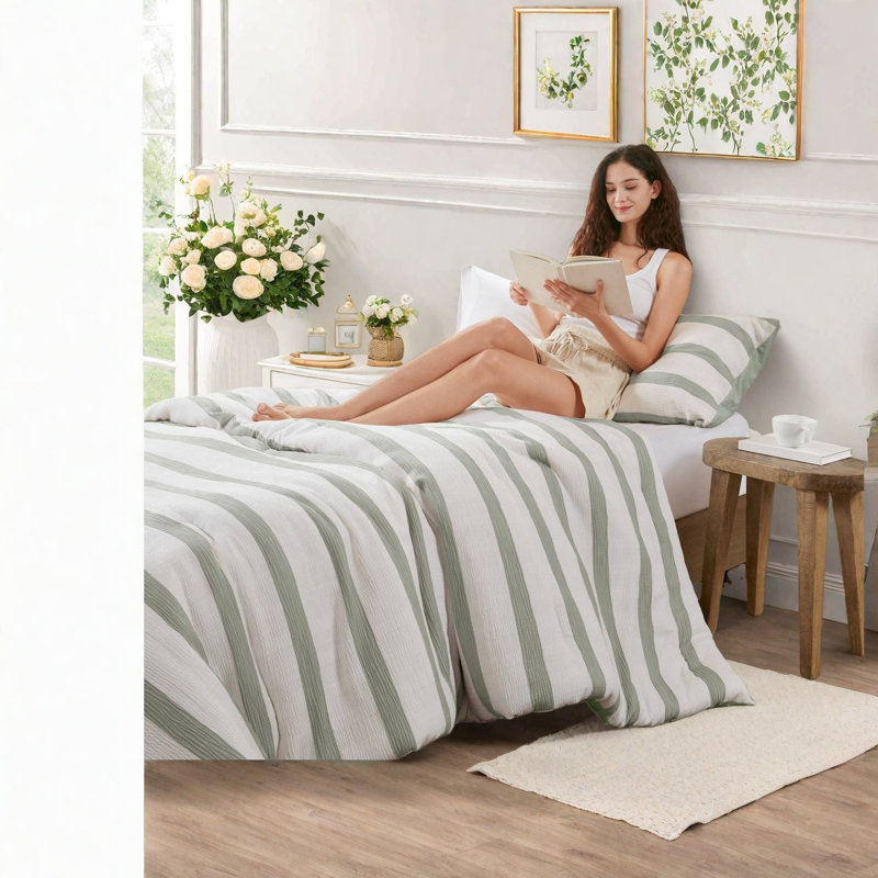 Ensembles de literie vert sauge moderne, édredon en polyester pour lit simple, esthétique minimaliste