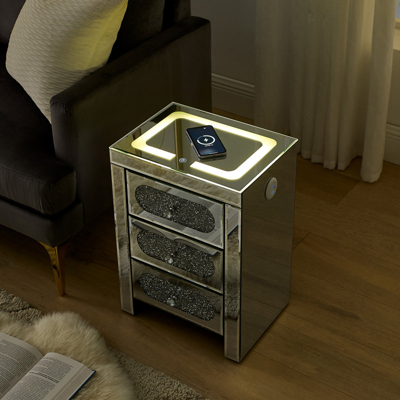 Table de chevet à miroir 3 tiroirs avec station de charge sans fil Bideford, Chargeur sans fil
