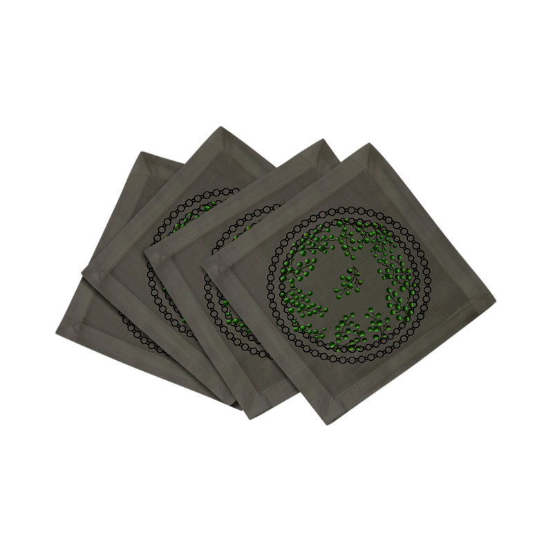 Christmas Berries Cotton Sateen Cocktail Napkins, Anthracite Green
