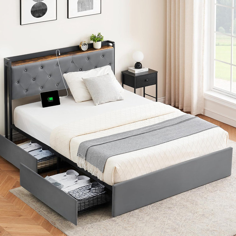 Base de lit plateforme robuste avec tête de lit en tissu réglable en hauteur, Gris, Lit double