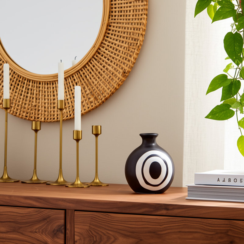 Vase en grès cérame fabriqué à la main avec esthétique bohème moderne - Accent rond décoratif pour un décor minimaliste contemporain.