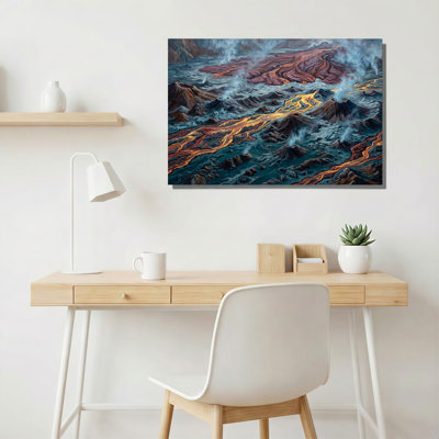 Art mural sur toile Smoky Volcanic Mountains and Glowing Orange Lava Rivers