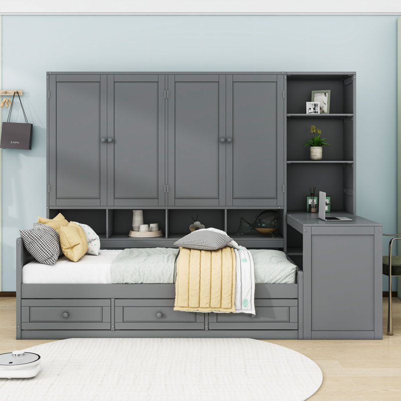 Wood Daybed with Built-in Desk and Ample Storage Drawers, Gray, Twin