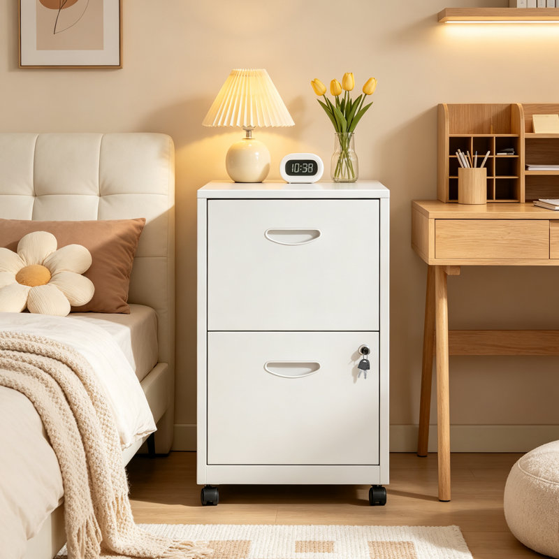 2 Drawer Rolling File Cabinet on Wheels, White Mobile Two Drawer Filing Cabinet with Lock, Small Files Cabinets for Under Desk, Metal Filing Cabinets for Letter Size Folders
