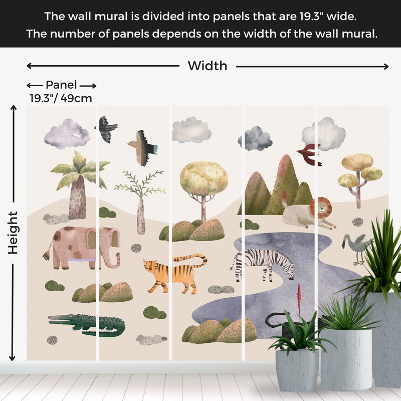 Adhésif mural pelez et collez pour enfants - Animaux de la savane aux couleurs pastel, L 154 po x L 110 po