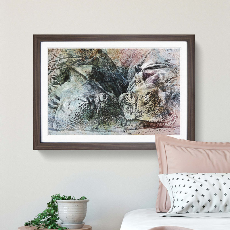 Pair of Sleeping Hippos in Abstract - Picture Frame Graphic Art Print, 27cm H x 36cm W x 2cm D, Walnut Framed