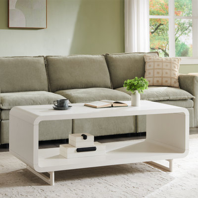  Abrianna 48" Wide Coffee Table with Storage Shelf, 2-Tier Minimalist Center Table with Curved Profile Design, Thick Wooden Rectangular Living Room Table, White