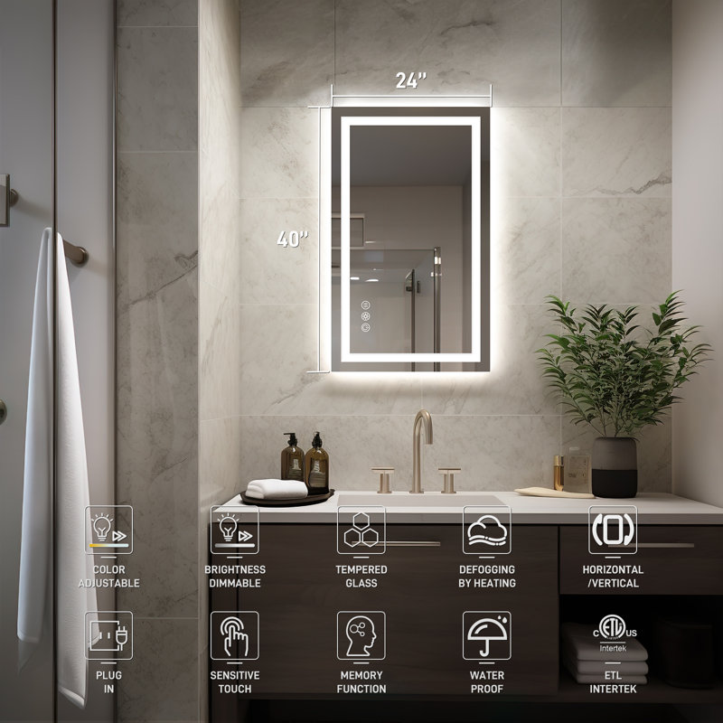 LED Bathroom Vanity Mirror 3 Color Dimmable Anti Fog LED Bathroom Mirror Frontlit & Backlit LED Wall Mirror, 40" x 24"