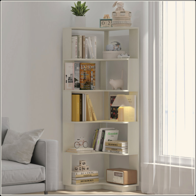 64.6"H 6-Tier L-Shaped Corner Bookshelf – 15mm Thick Wood Grain Particle Board, Anti-Drop Baffle & Anti-Tipping Device for Living Room/Bedroom/Home Office