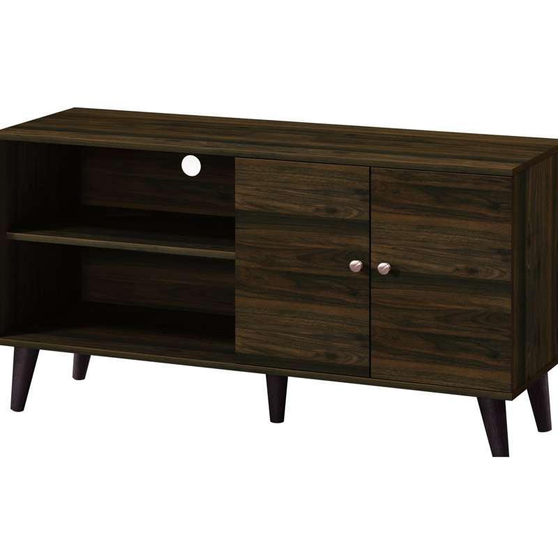 Meuble télé gracieux en noyer, pouvant accueillir des téléviseurs de 50 à 59 po, avec console de rangement de style Mid-Century moderne, 50 à 59 po