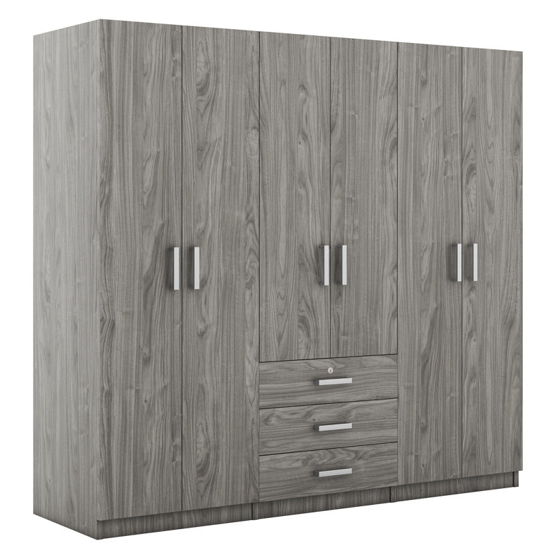 Armoire de rangement à 6 portes en bois avec grands tiroirs, armoire de rangement autoportante, gris