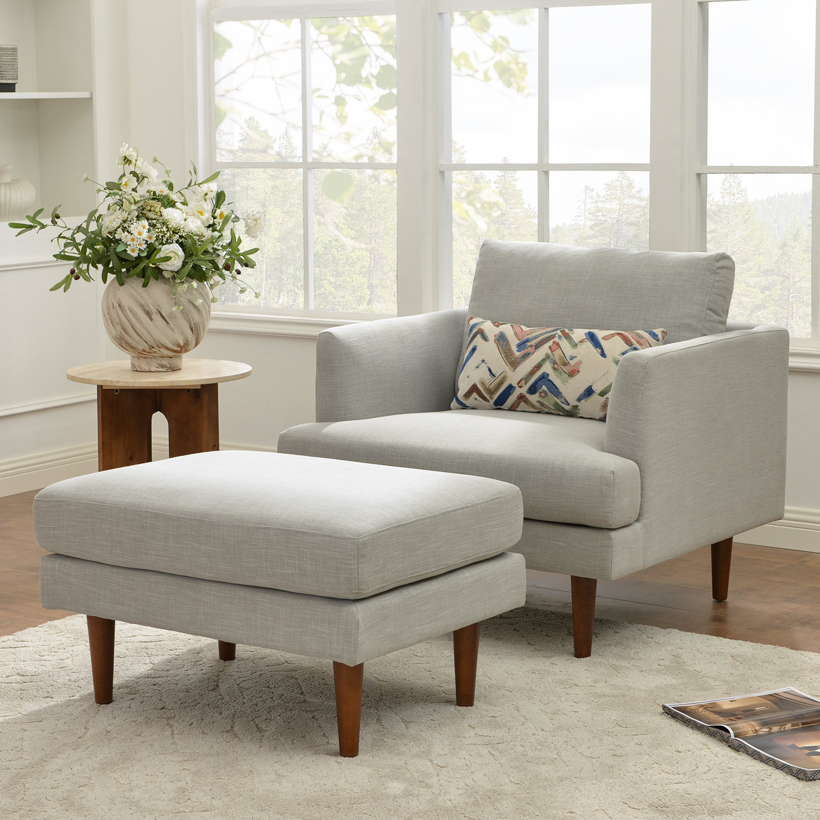 Miller 35'' W Upholstered Armchair With Ottoman, Light Gray Linen Blend