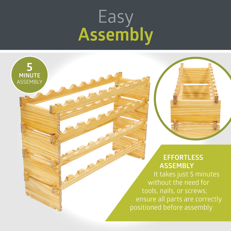 36 Bottle Stackable Modular Wine Rack, 4-Tier Solid Pine Wood Storage Rack