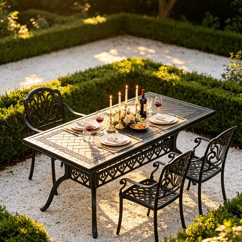 Table de salle à manger rectangulaire d'extérieur en fonte d'aluminium avec cadre de table texturé noir thermolaqué à chevrons et patins en nylon antidérapants pour le jardin extérieur