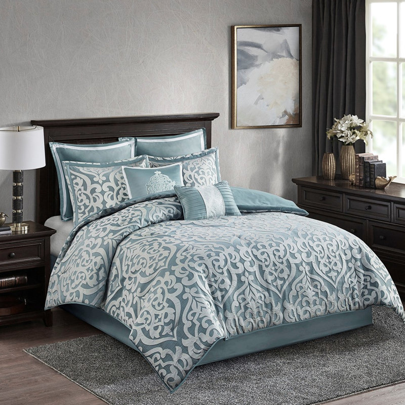 Édredon très grand / argenté - Tissage texturé magnifique, 1 et 2 coussins décoratifs, jupe de lit, coussins brodés, facile d'entretien, rembourrage