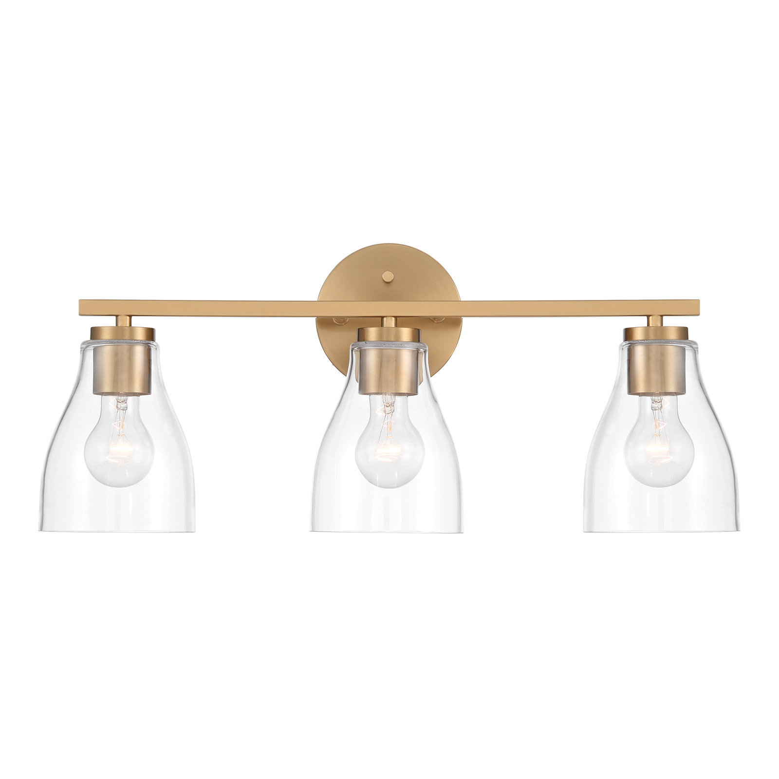 Modern Clear Glass Shade Vanity Wall Light With Steel Frame, Brushed Brass, 3 Lights, 10" H x 22" W x 6.5" D
