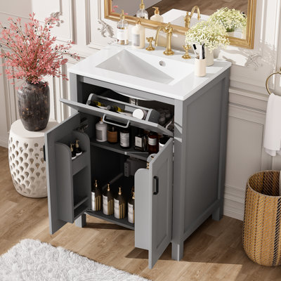 Meuble-lavabo de salle de bain 24 po, lavabo en céramique avec trop-plein, rangement spacieux, cadre en bois massif, portes à fermeture en douceur, poignées noires pour lavabo moderne de 24 po, fabrication, poignées en aluminium et en forme de U réglable