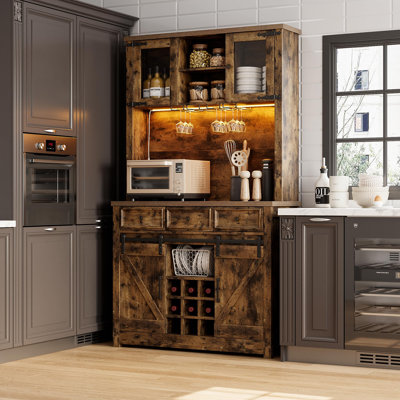 Farmhouse Coffee Bar Cabinet 72" with LED Lights & Power Outlets – Sliding Barn Doors, Large Kitchen Buffet Hutch, Wine Storage, Drawers, Wine Glass Rack – for Dining Room or Home Bar- Rustic Brown