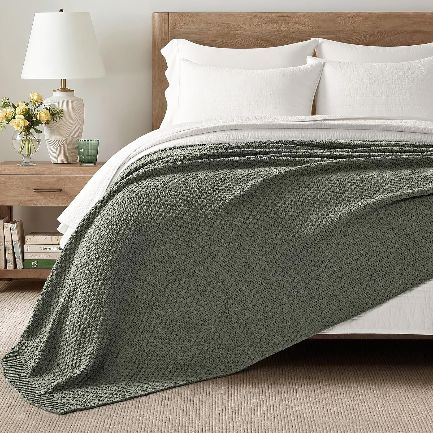 Chunky Chenille Knit Throw Blanket, 108" L x 92" W, Dried Thyme
