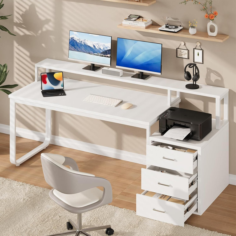 Modular Computer Desk with Built-In Electrical Outlet, White