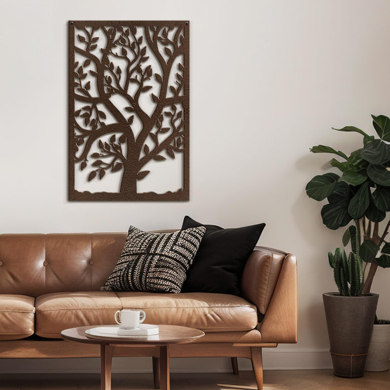 Arbre de vie silhouette décoration murale abstraite moderne sculpture suspendue décoration murale en métal, Brun