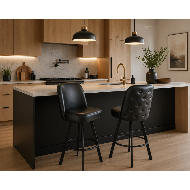 Modern Swivel Bar Stools (set Of 2), Tufted Faux Leather Counter Height Stools With Ergonomic Bucket Back & Thick Padded Seat