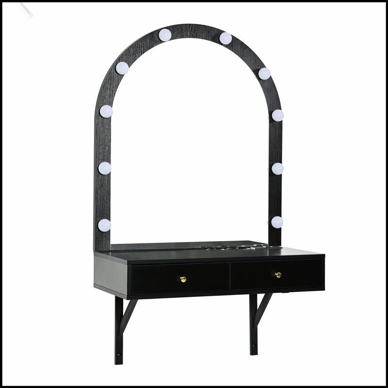 Meuble-lavabo mural flottant avec miroir à DEL 3 lumières de couleur, coiffeuse compacte avec prise de courant et recharge USB, grand meuble-lavabo peu encombrant pour salle de bain