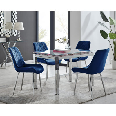 Tierra Modern Glass & Metal Extendable Dining Table Set & 4 Luxury Upholstered Velvet Dining Chairs