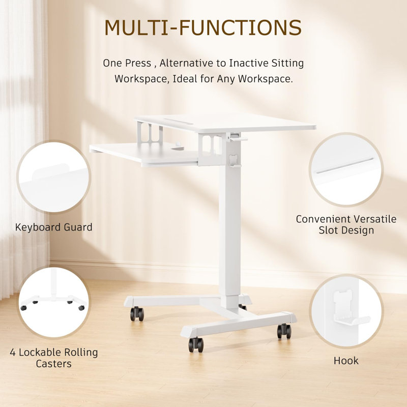 Mobile Rolling Small Table, Adjustable Height Computer Desk with Keyboard Tray, White