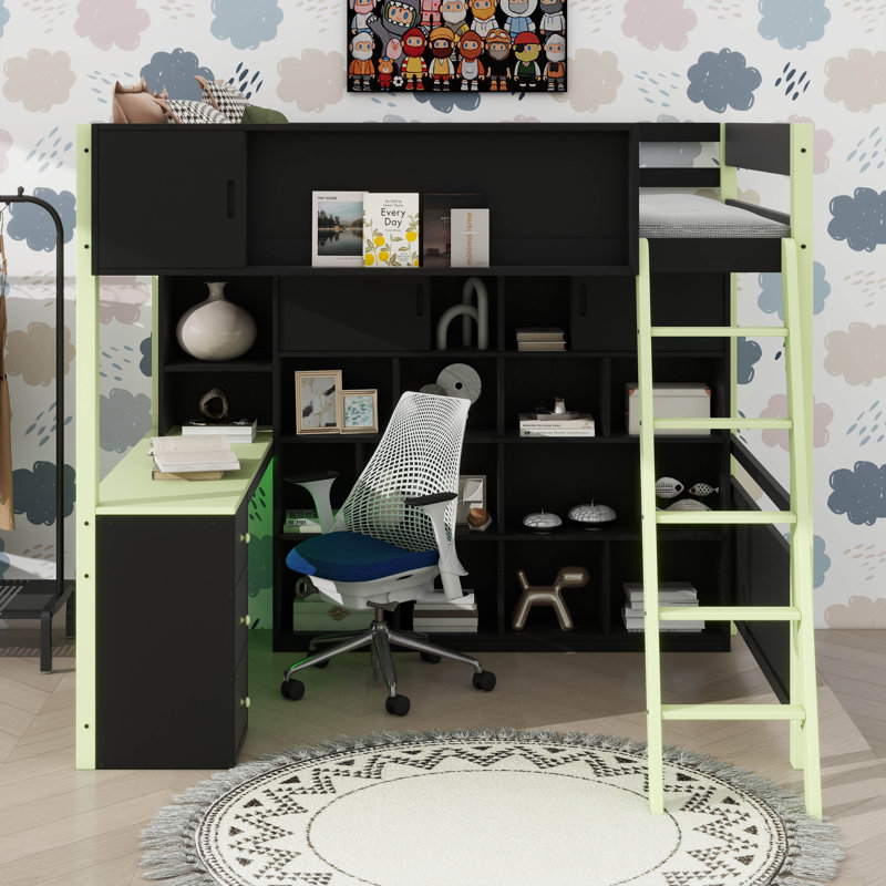 Lit mezzanine double en bois avec bureau et tiroirs, lit mezzanine avec beaucoup de rangement et éclairage, Vert