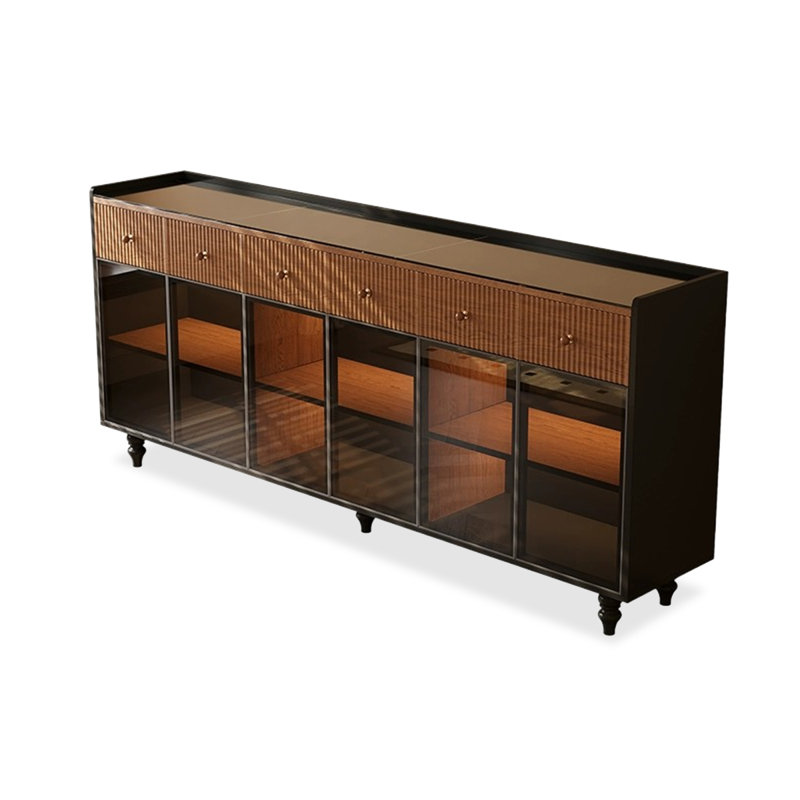 Buffet en bois massif noir et noyer, H 38,98 po x l 56,3 po x P 15,75 po