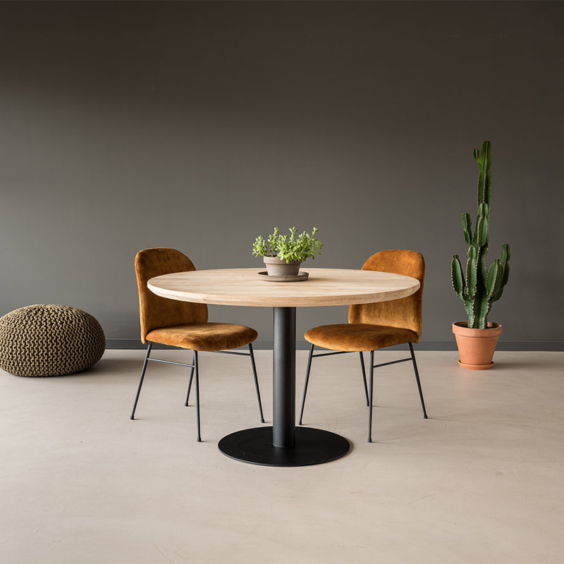 Leatherhead Oak Round Solid Wood Top Metal Base Dining Table, H76.5 x L110 x W110cm