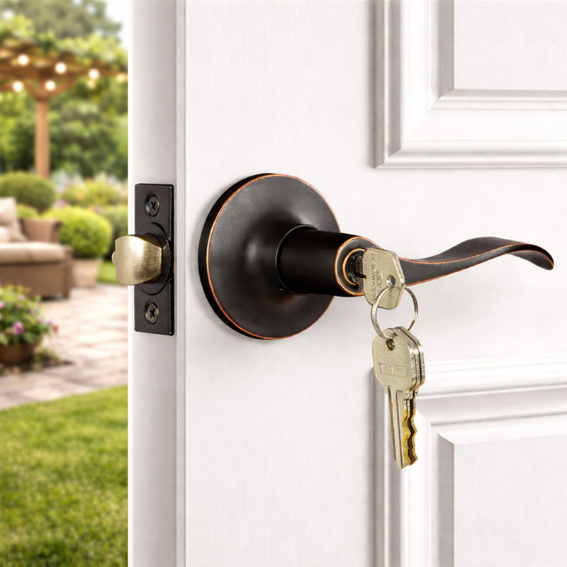 Stratford Keyed Entry Door Lever with Universal 6-Way Latch, Oil Rubbed Bronze