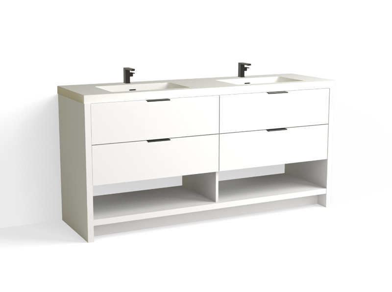 Vue 72" W Freestanding Double Bathroom Vanity, White Nanomatte, Matte Black, Glossy White/Single