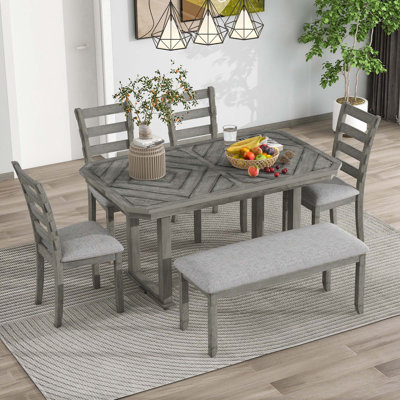 Ensemble de table de salle à manger 6 pièces en bois d'hévéa avec placage en bois massif et coussin moelleux
