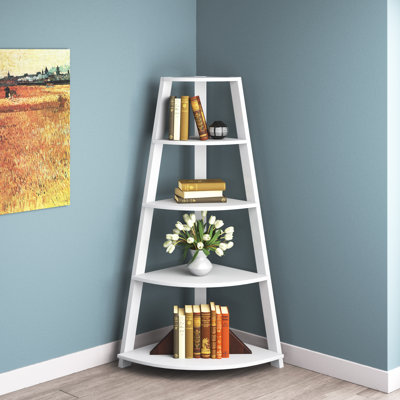 Bibliothèque, bibliothèque, étagère, d'angle, 5 niveaux, H 72 po, bureau, chambre à coucher, stratifié blanc, contemporain, moderne