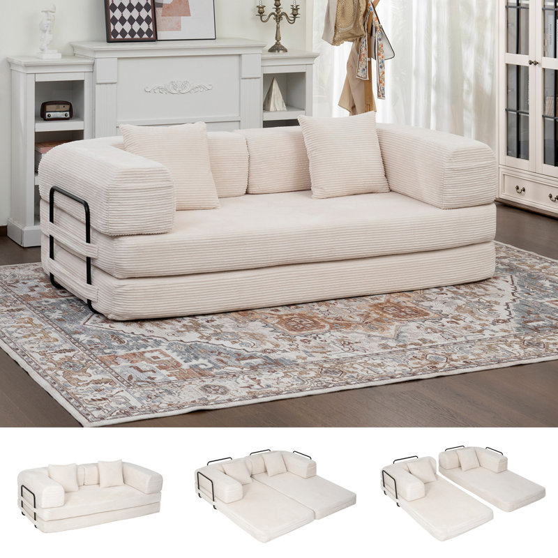  80" Convertible 4-In-1 Sleeper Sofa Bed With Removable Armrests, White